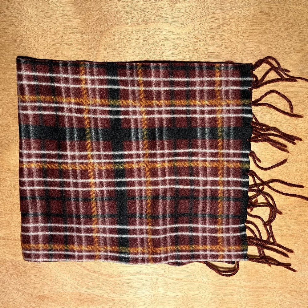 Brown Plaid 100% Polyester Thin Fleece Scarf with Fringe